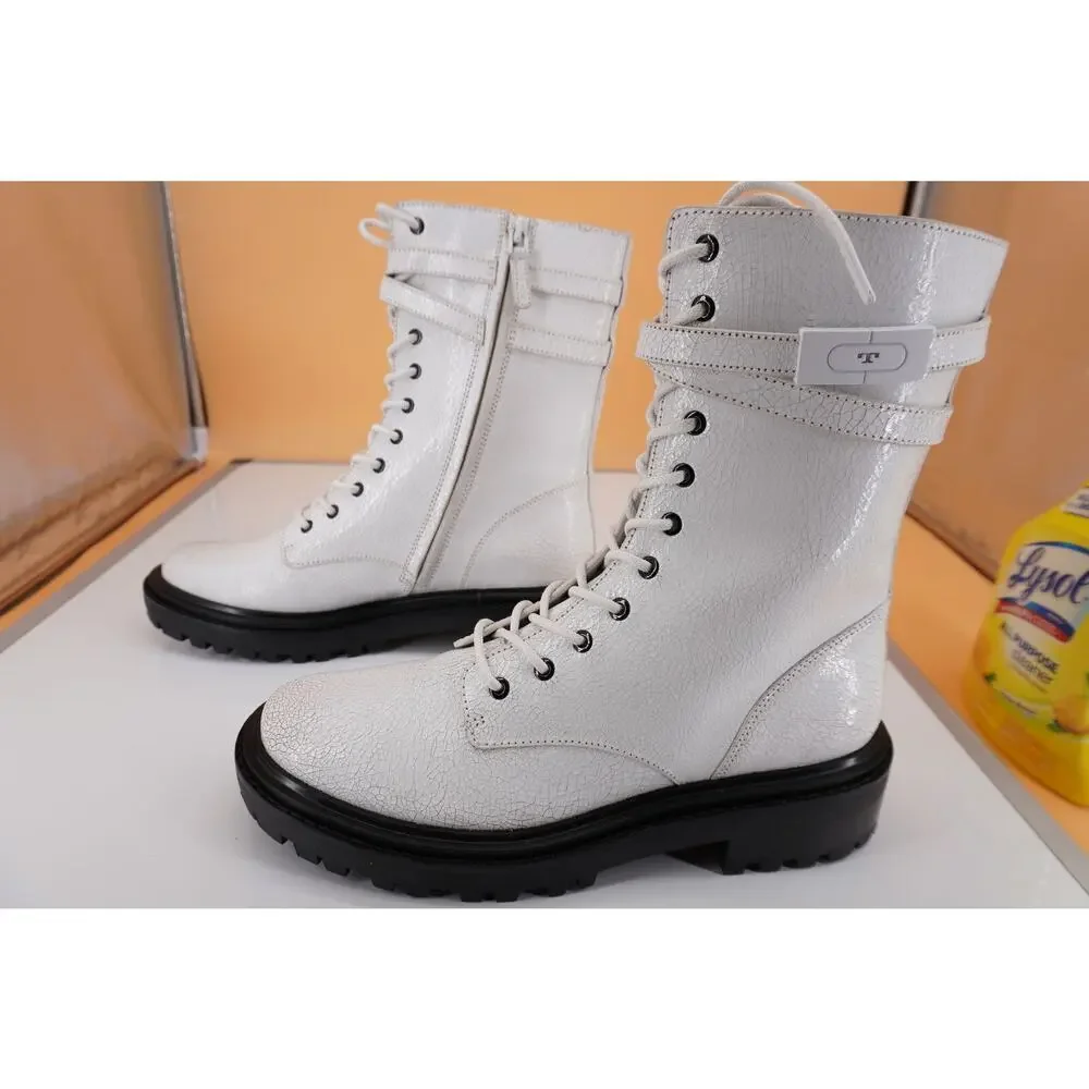 Tory Burch Combat White Crackled Suede Lace Up Ankle Boots SZ 10 Lug Logo $495